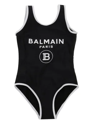 Balmain Kids Logo Printed Contrast Trim Swimsuit