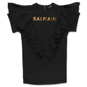 Balmain Kids Logo Printed Ruffled T-Shirt Dress