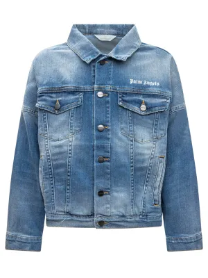Palm Angels Kids Logo Print Faded Denim Jacket